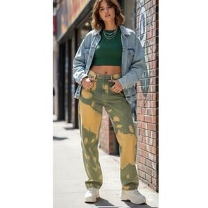 BDG Urban Outfitters Green and Yellow High Rise Baggy Jeans Artistic Tie-Dye